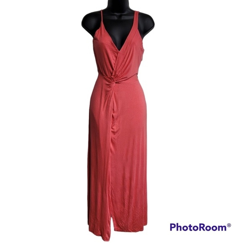 The Vanity Room Coral Pink Wrap Twist Knot Front V-Neckline Maxi Dress Size S